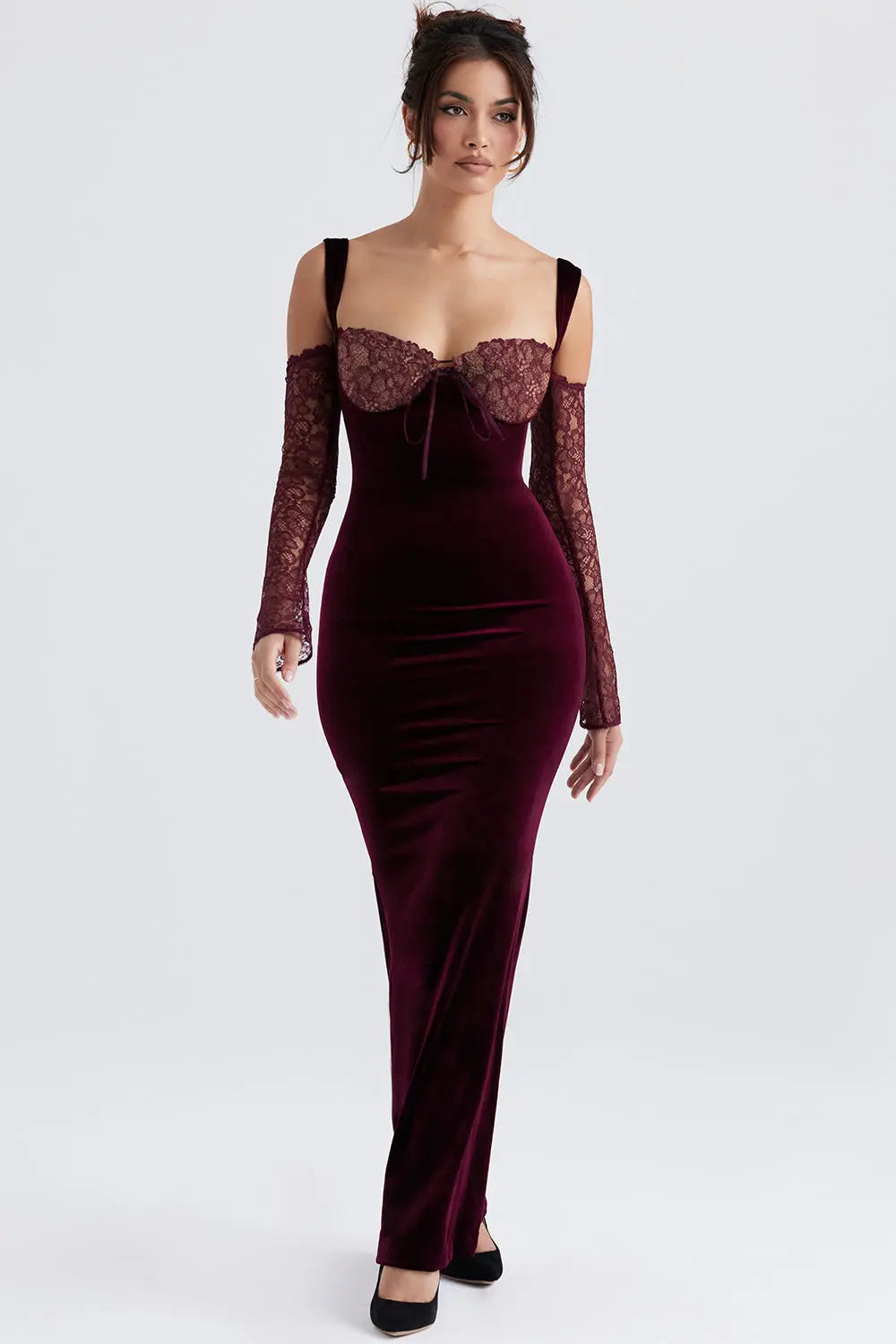 Schwarzkirschfarbenes Samt Maxikleid mit Eleganter Linie für Frauen Mivona
