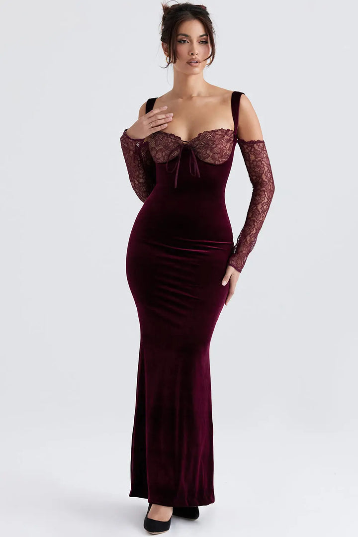 Schwarzkirschfarbenes Samt Maxikleid mit Eleganter Linie für Frauen Mivona