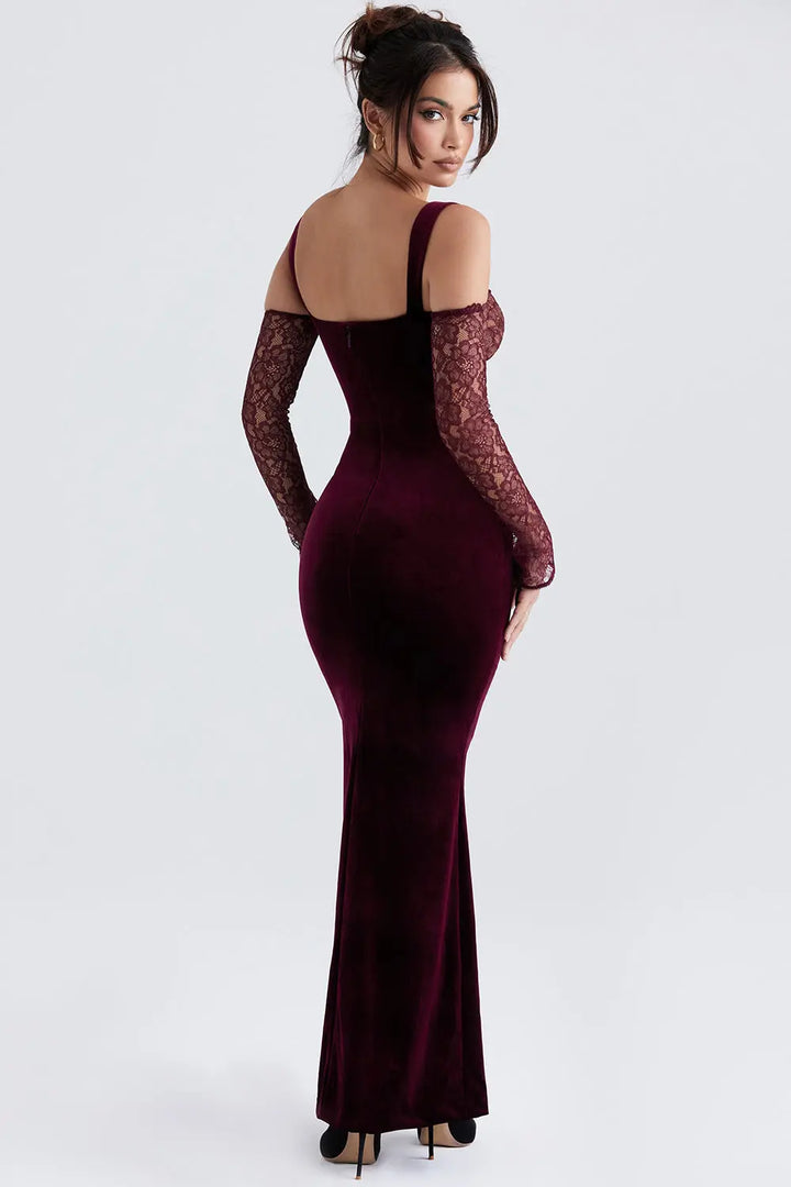 Schwarzkirschfarbenes Samt Maxikleid mit Eleganter Linie für Frauen Mivona