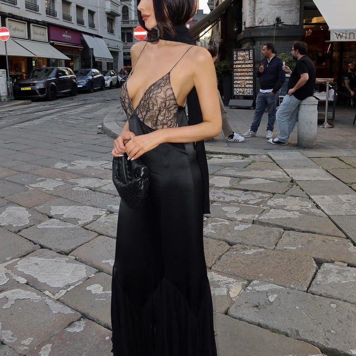 Elegantes schwarzes Maxikleid aus Spitze und Mesh für Frauen Mivona