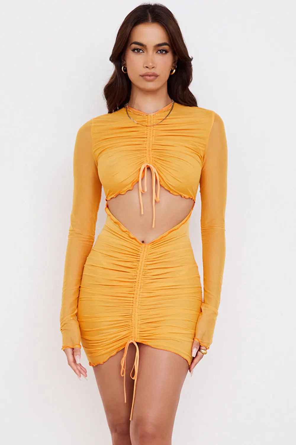 Oranges Mesh Minikleid mit Langen Ärmeln und Rüschen Ausschnitt für Frauen Mivona