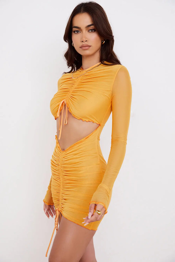 Oranges Mesh Minikleid mit Langen Ärmeln und Rüschen Ausschnitt für Frauen Mivona