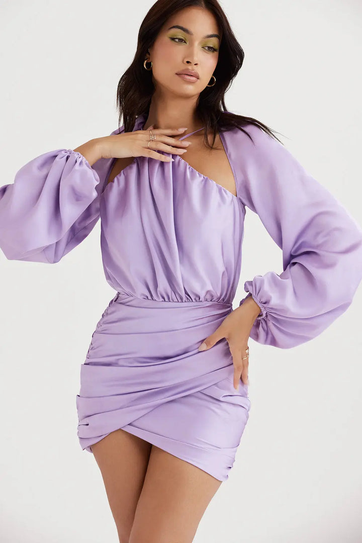 Orchideenfarbenes Satin Minikleid mit Wickeloptik für Frauen Mivona
