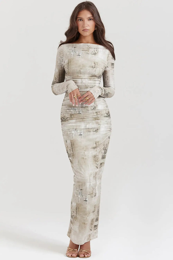 Maxikleid mit Salbei Print und natürlicher Eleganz für Frauen - Mivona