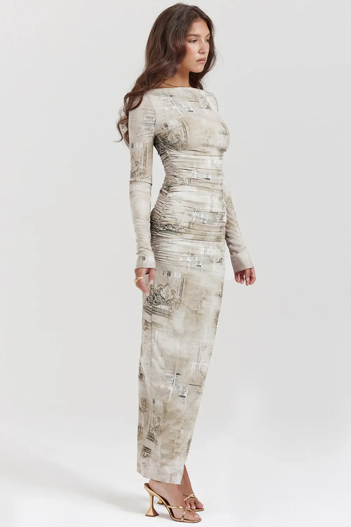 Maxikleid mit Salbei Print und natürlicher Eleganz für Frauen - Mivona