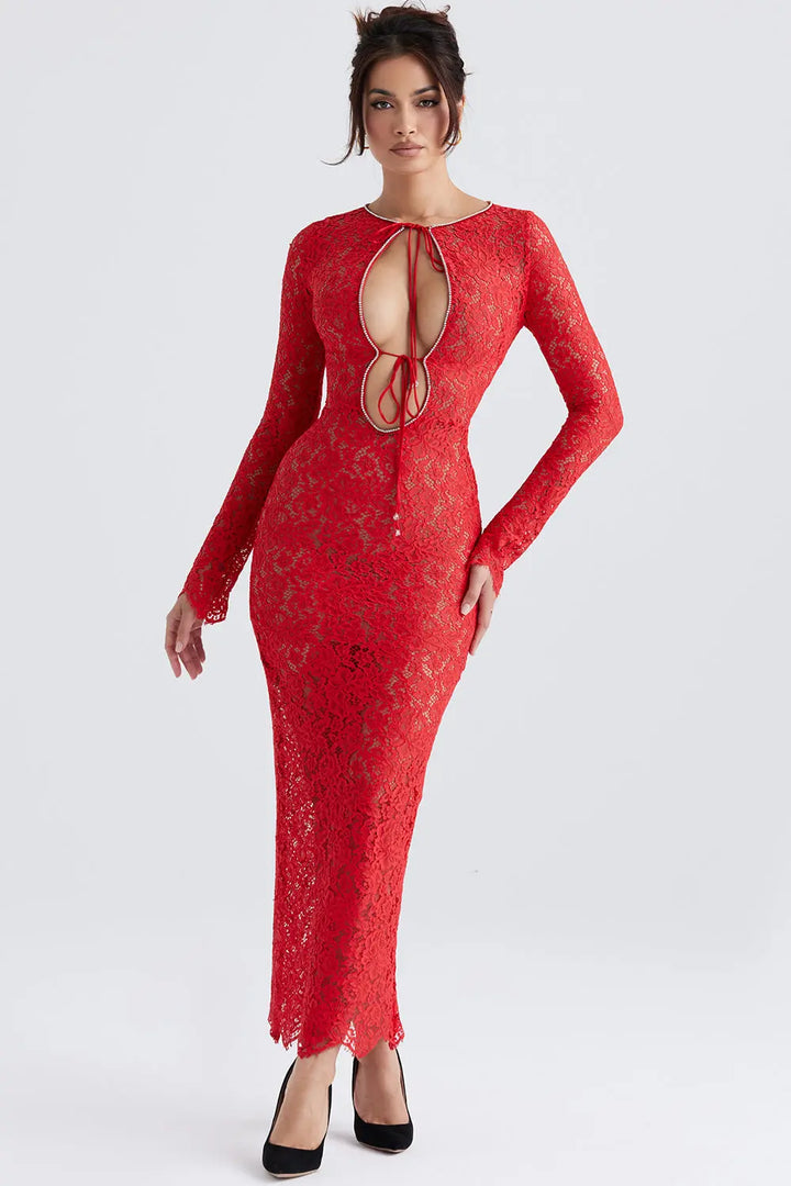 Rotes Spitzen Maxikleid für Frauen Mivona