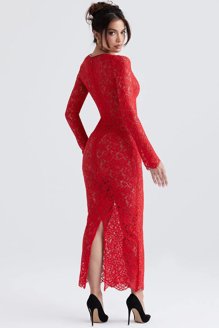 Rotes Spitzen Maxikleid für Frauen Mivona