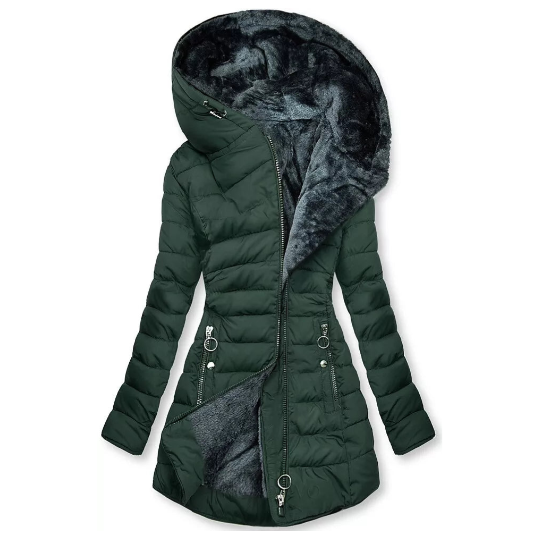 Asymmetrische Steppjacke mit Kapuze für Winter Damen