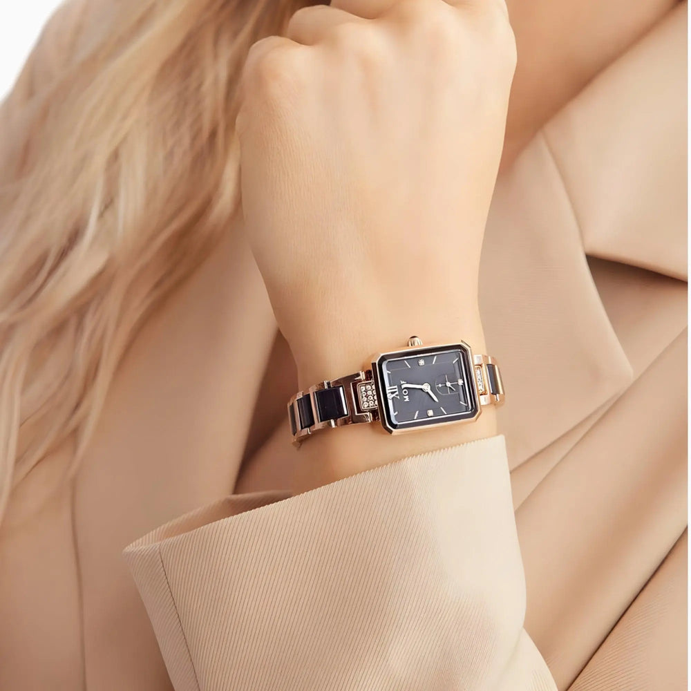 Premium rechteckige Schwarz-Gold-Uhr Für Damen Mivona