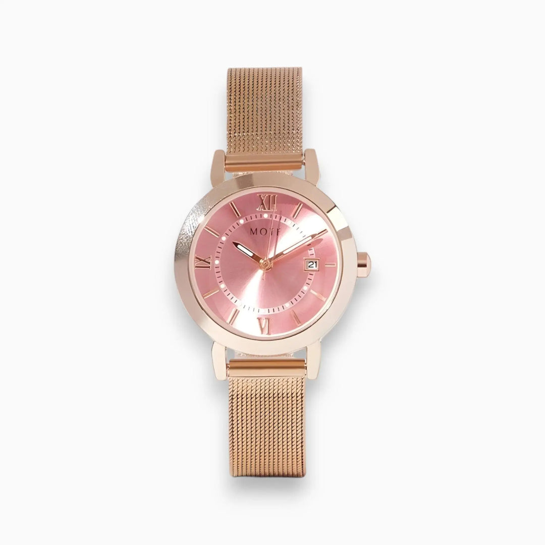 Quarzuhr mit Rosa Zifferblatt und Goldenem Edelstahlarmband Für Frauen Mivona
