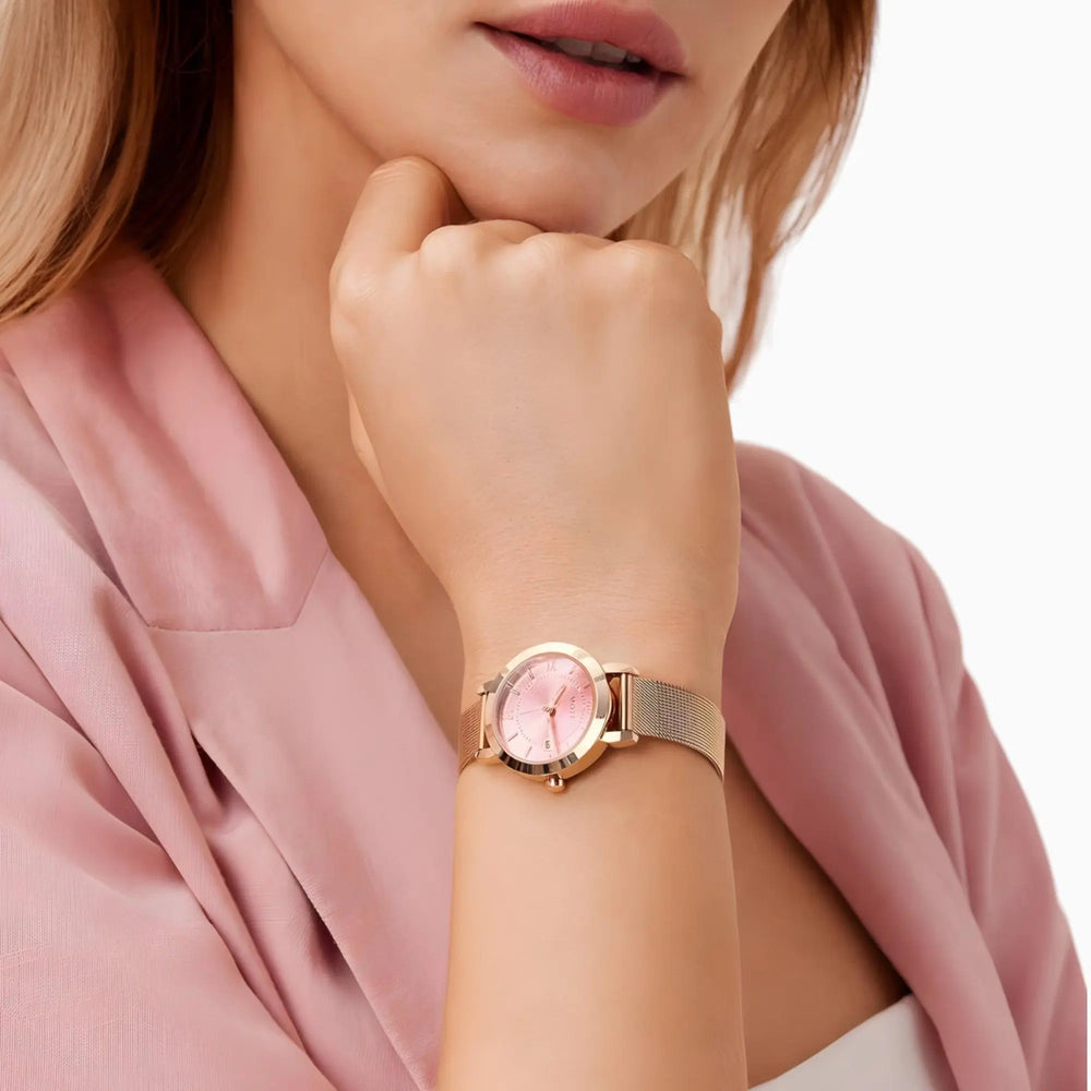 Quarzuhr mit Rosa Zifferblatt und Goldenem Edelstahlarmband Für Frauen Mivona