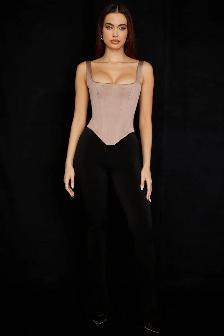 Langes Korsett aus steingrauem Satin mit eleganter Länge für Frauen Mivona