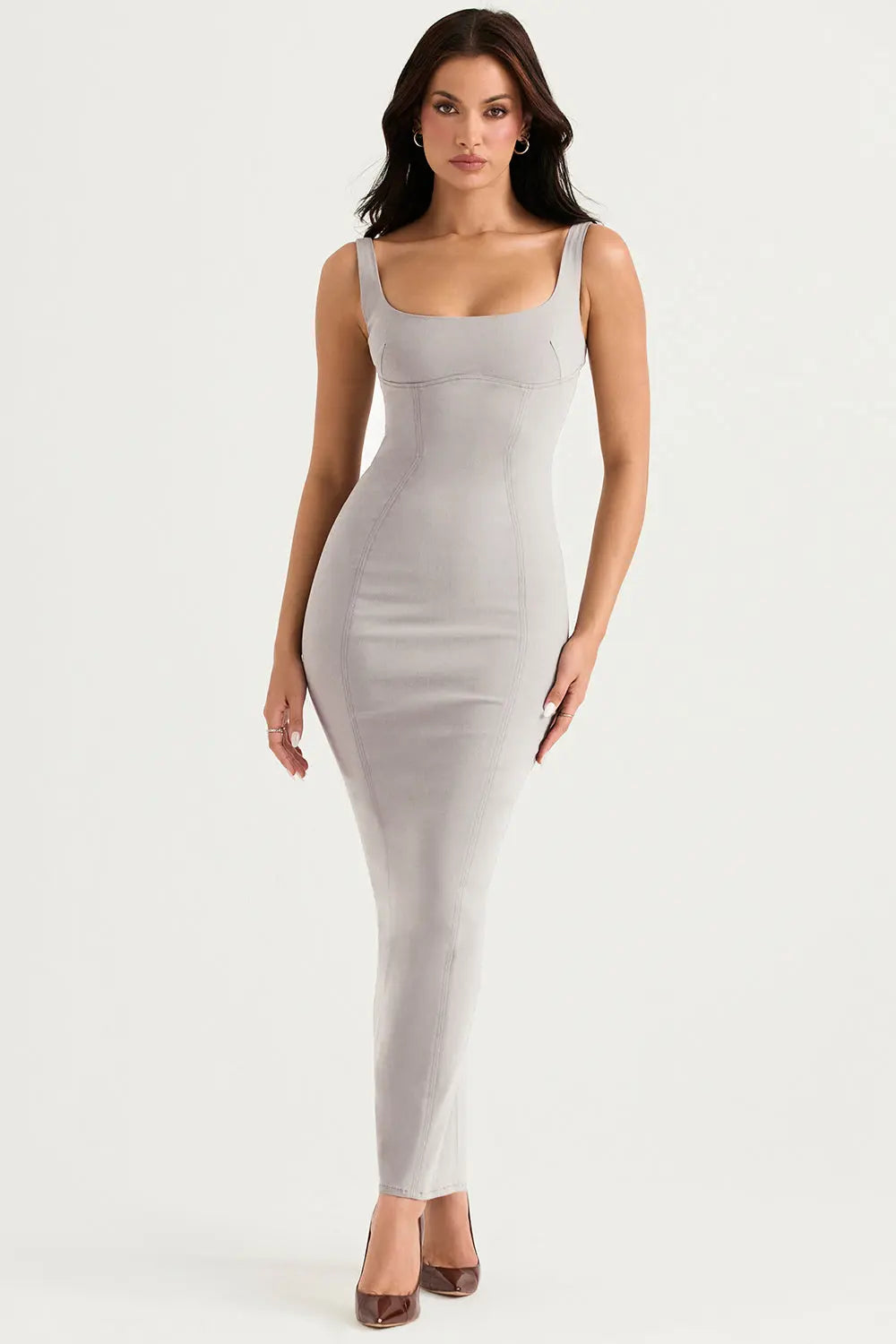 Rauchfarbenes Bodycon Maxikleid mit Skulpturaler Passform für Frauen Mivona