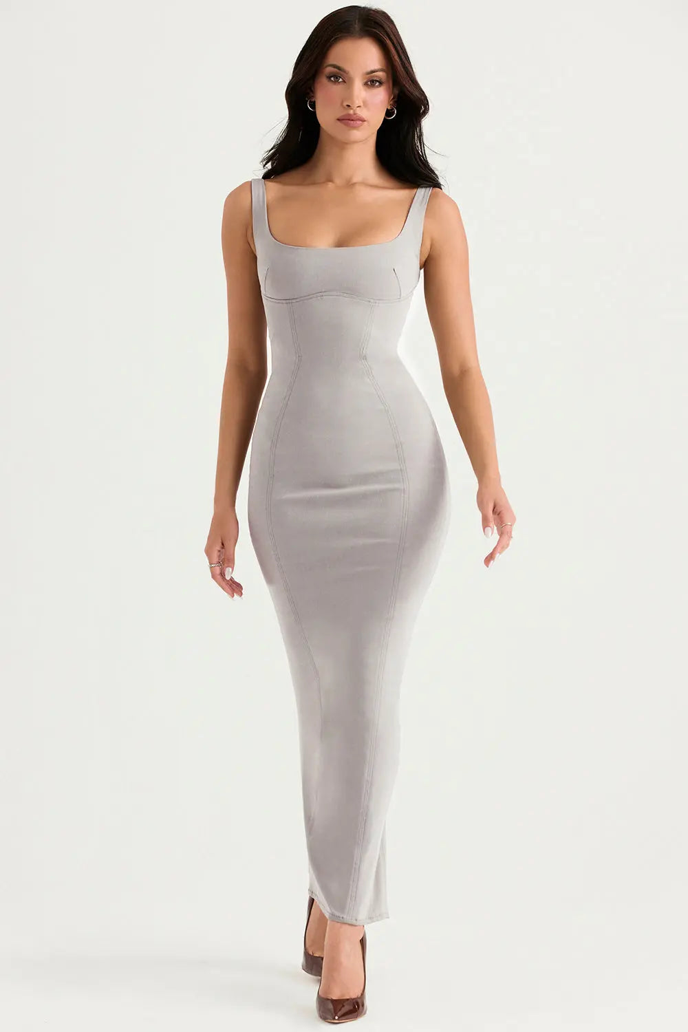Rauchfarbenes Bodycon Maxikleid mit Skulpturaler Passform für Frauen Mivona