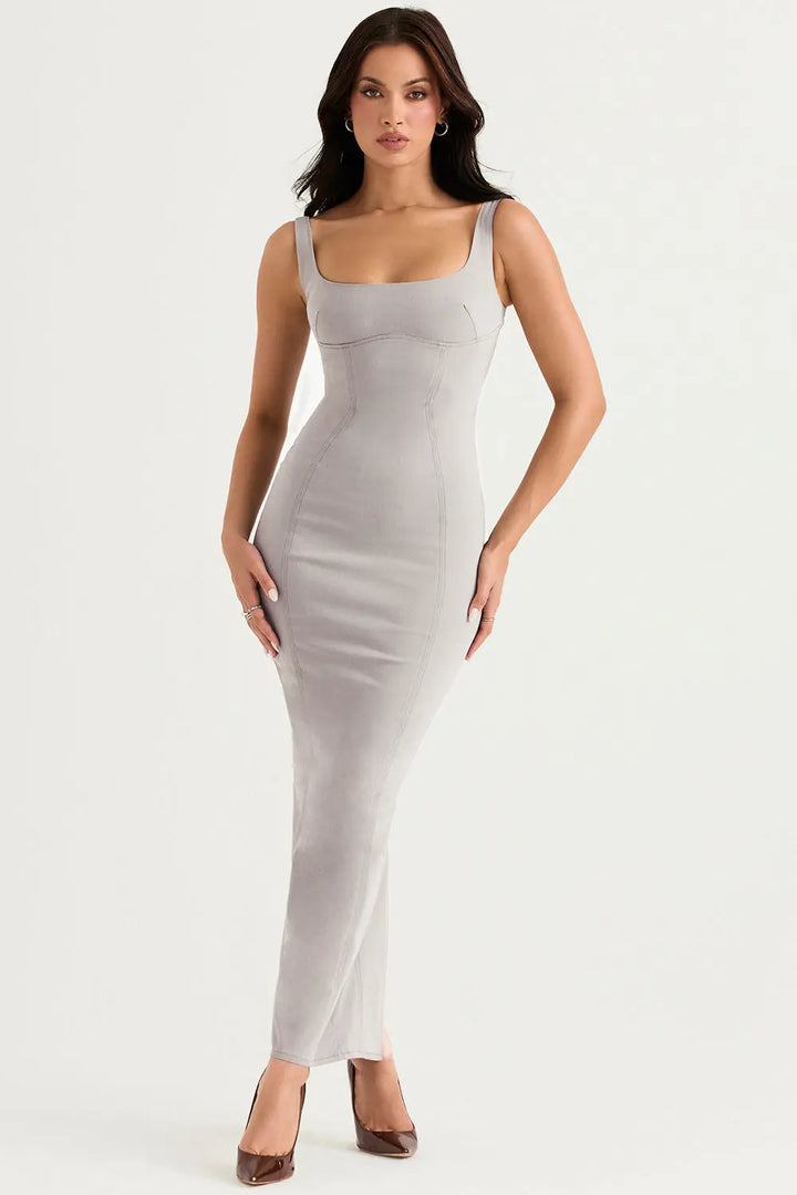 Rauchfarbenes Bodycon Maxikleid mit Skulpturaler Passform für Frauen Mivona