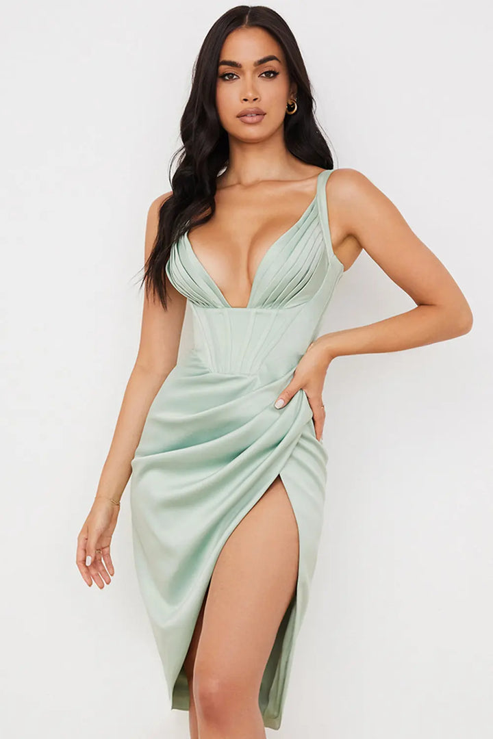 Midikleid aus Satin mit Plisseefalten und fließendem Glanz für Frauen Mivona
