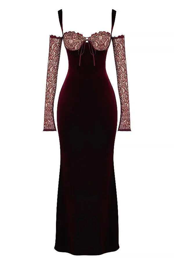 Schwarzkirschfarbenes Samt Maxikleid mit Eleganter Linie für Frauen Mivona