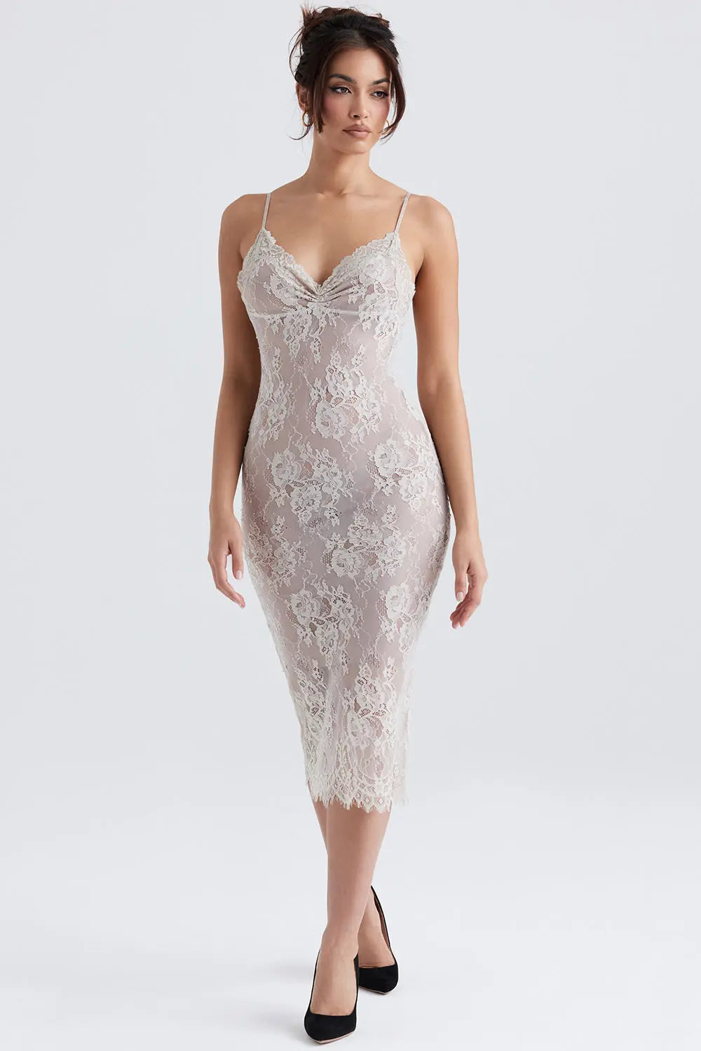 Midikleid aus sandfarbener Spitze mit zarter Eleganz für Frauen Mivona