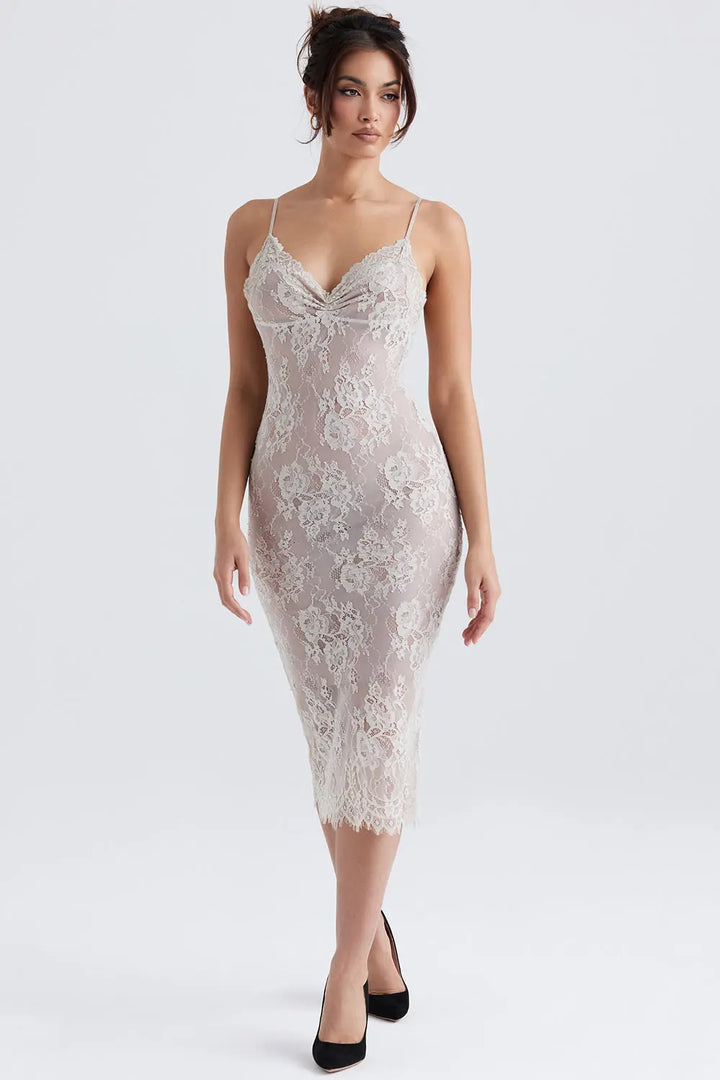 Midikleid aus sandfarbener Spitze mit zarter Eleganz für Frauen Mivona
