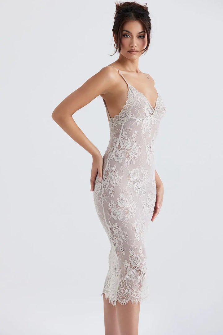 Midikleid aus sandfarbener Spitze mit zarter Eleganz für Frauen Mivona