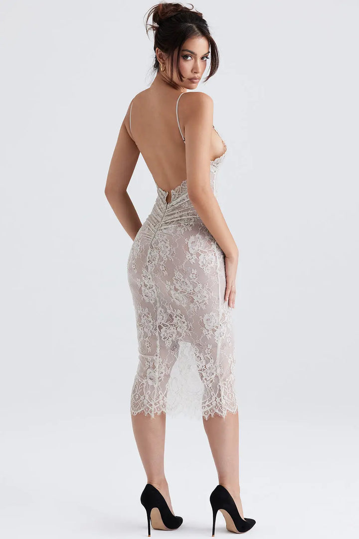 Midikleid aus sandfarbener Spitze mit zarter Eleganz für Frauen Mivona