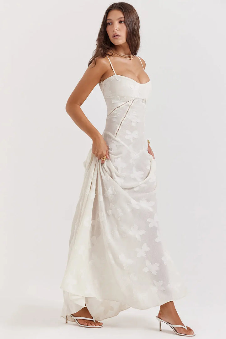Vintage Creme Maxikleid mit Spitzenrücken und zeitloser Eleganz für Frauen Mivona