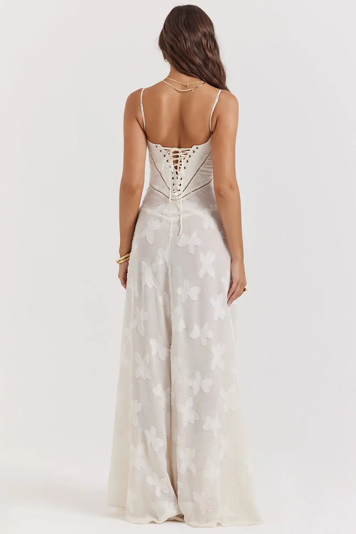 Vintage Creme Maxikleid mit Spitzenrücken und zeitloser Eleganz für Frauen Mivona