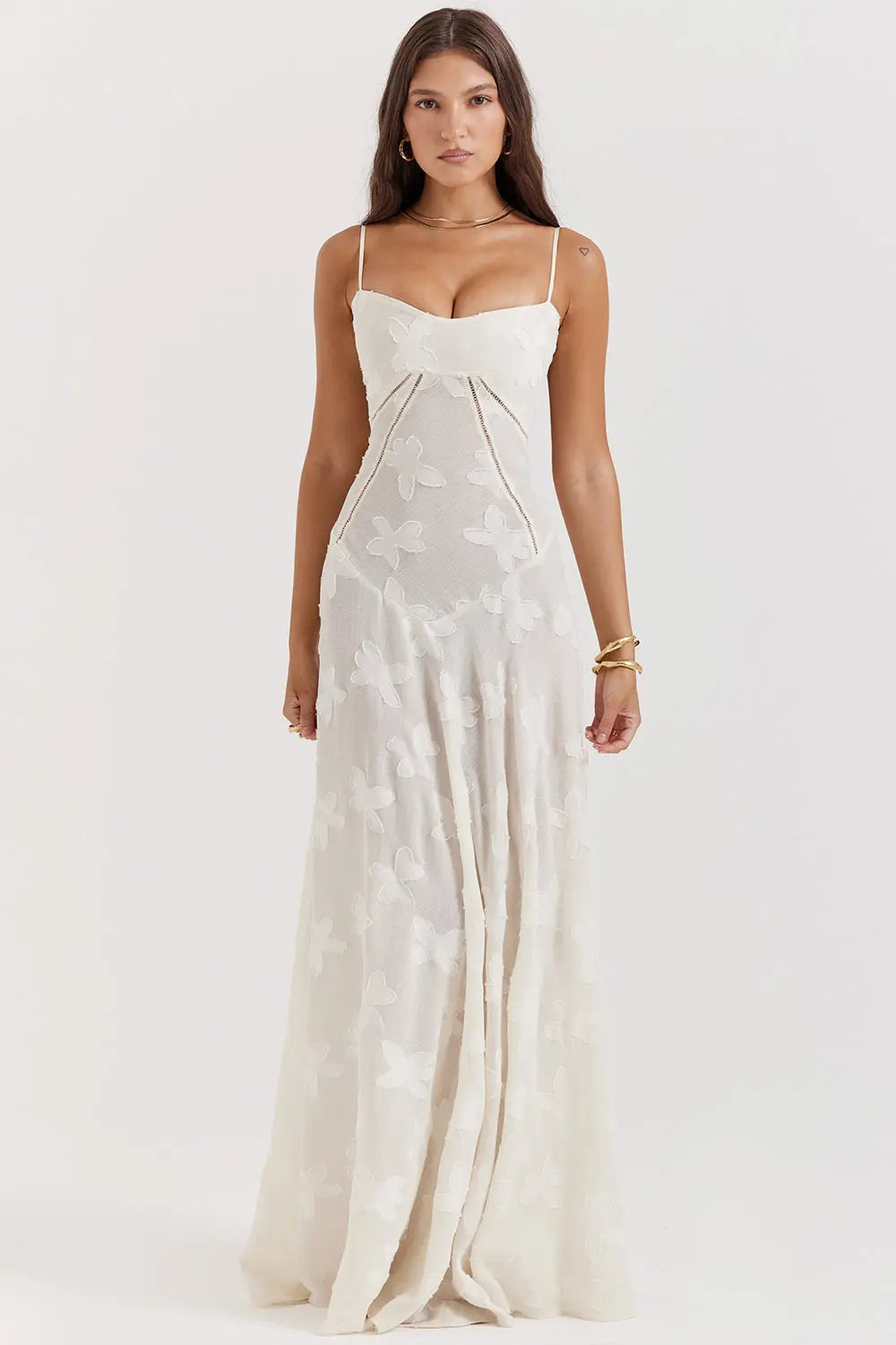 Vintage Creme Maxikleid mit Spitzenrücken und zeitloser Eleganz für Frauen Mivona