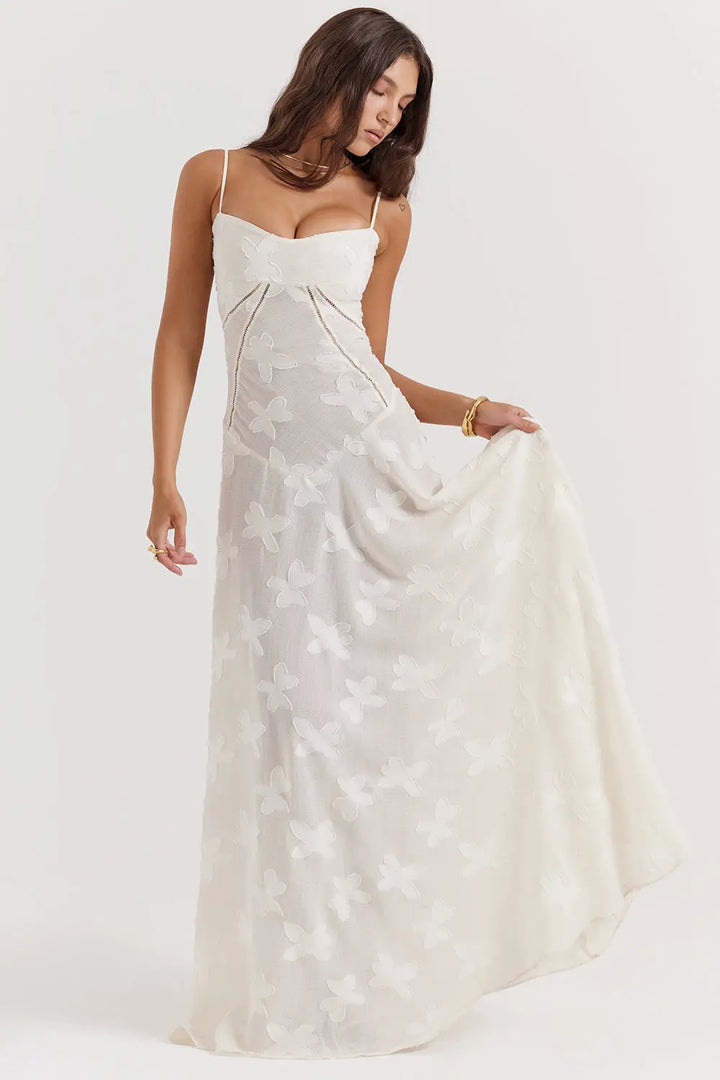 Vintage Creme Maxikleid mit Spitzenrücken und zeitloser Eleganz für Frauen Mivona