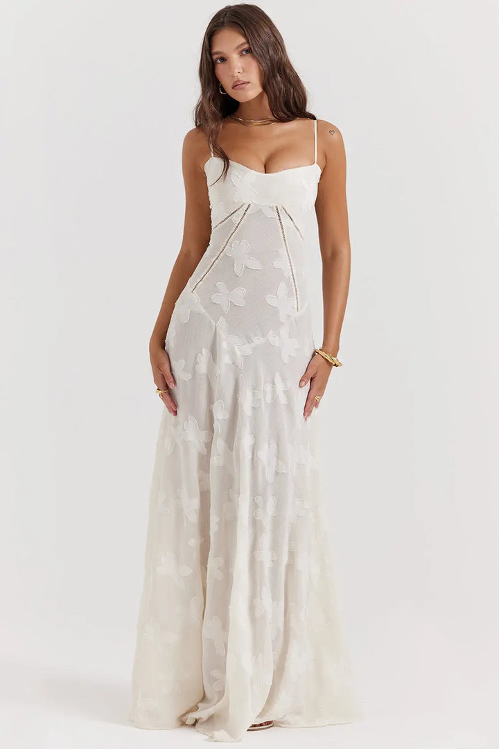 Vintage Creme Maxikleid mit Spitzenrücken und zeitloser Eleganz für Frauen Mivona