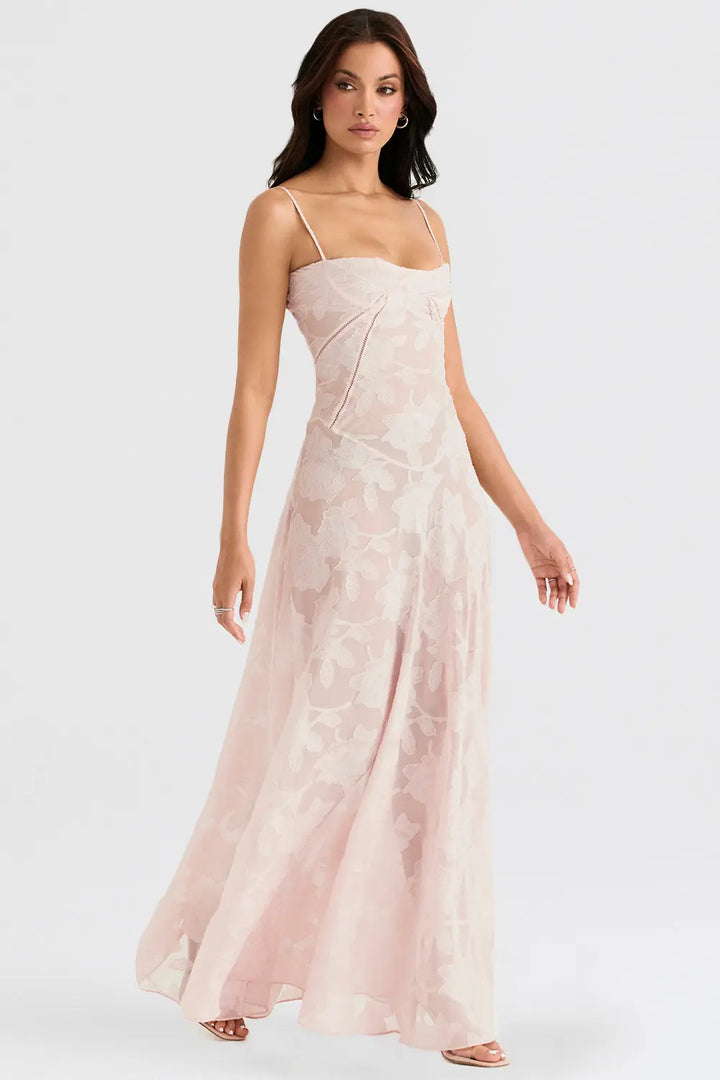 Vintage Creme Maxikleid mit Spitzenrücken und zeitloser Eleganz für Frauen Mivona