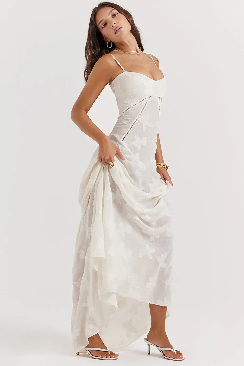 Vintage Creme Maxikleid mit Spitzenrücken und zeitloser Eleganz für Frauen Mivona