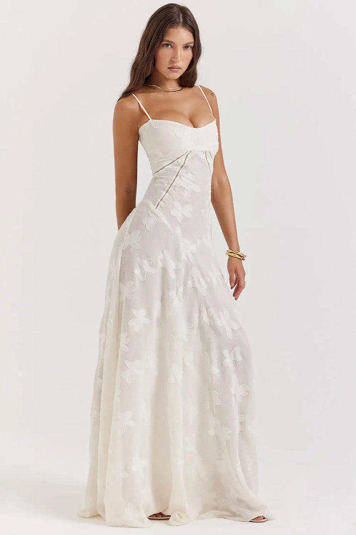 Vintage Creme Maxikleid mit Spitzenrücken und zeitloser Eleganz für Frauen Mivona