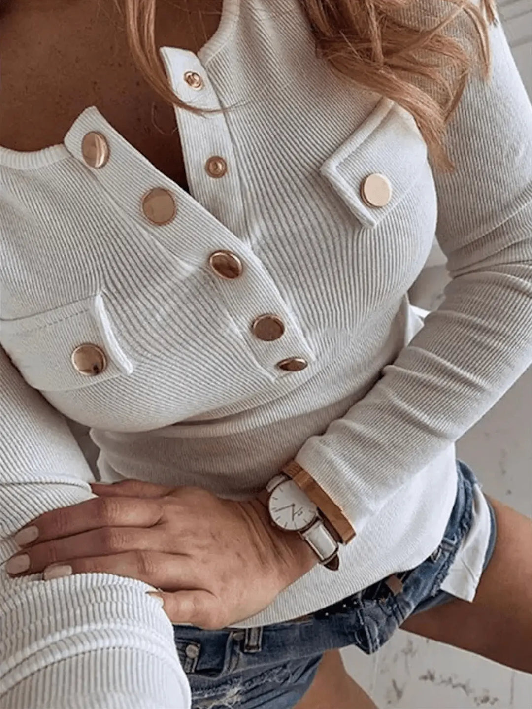 Modisches Strick-T-Shirt mit Knopfverschluss für Damen Mivona