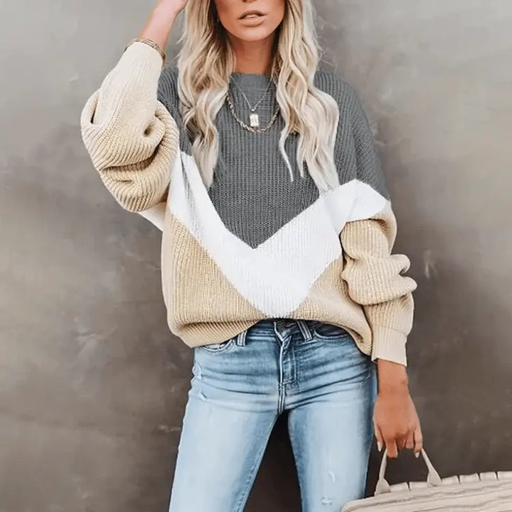 Strickpullover mit Farbblock-Design und V-Streifen Für Frauen Mivona